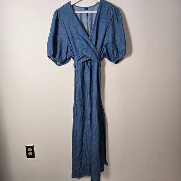 Old Navy Women's Size XL Fit & Flare Twist-Front Denim Maxi Dress Puff Sleeves - Picture 2 of 9